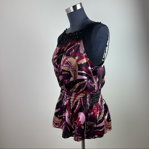 Purple Silk Floral Print Cinched Sleeveless Beaded Blouse - Picture 3 of 9